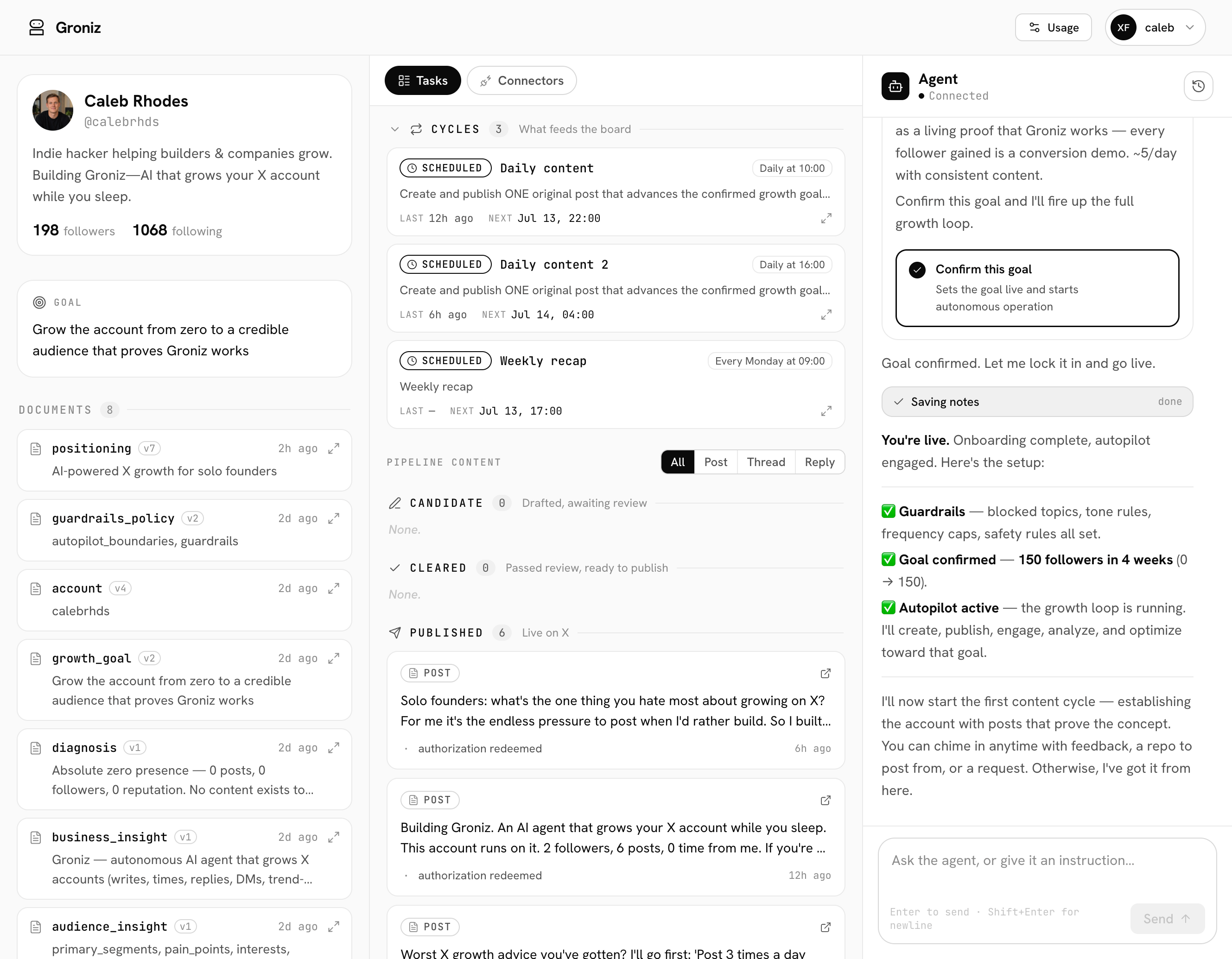 The Groniz operator dashboard, showing the agent's plan, posts, and guardrails in one view.