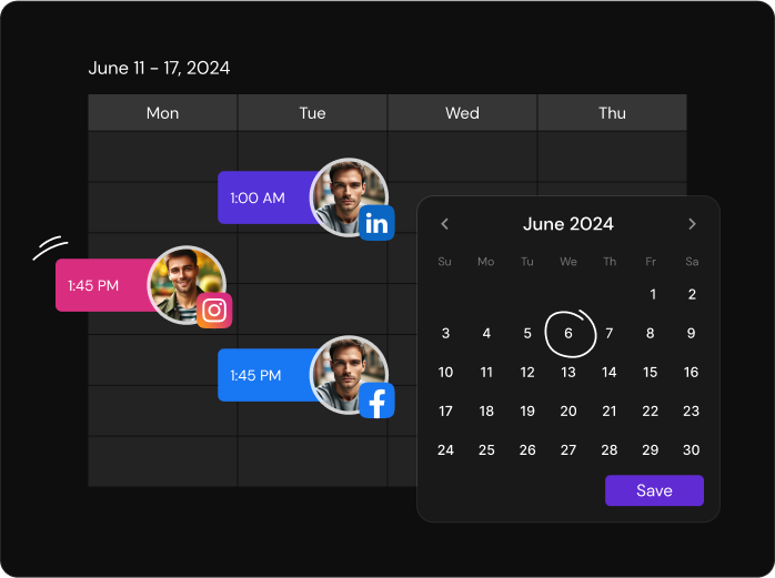 A scheduling calendar with posts queued across several social networks at set times.
