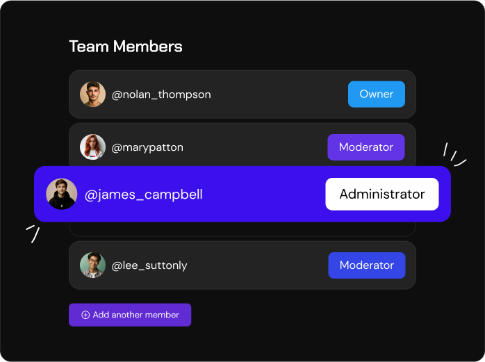 A team members list with Owner, Administrator and Moderator roles assigned.